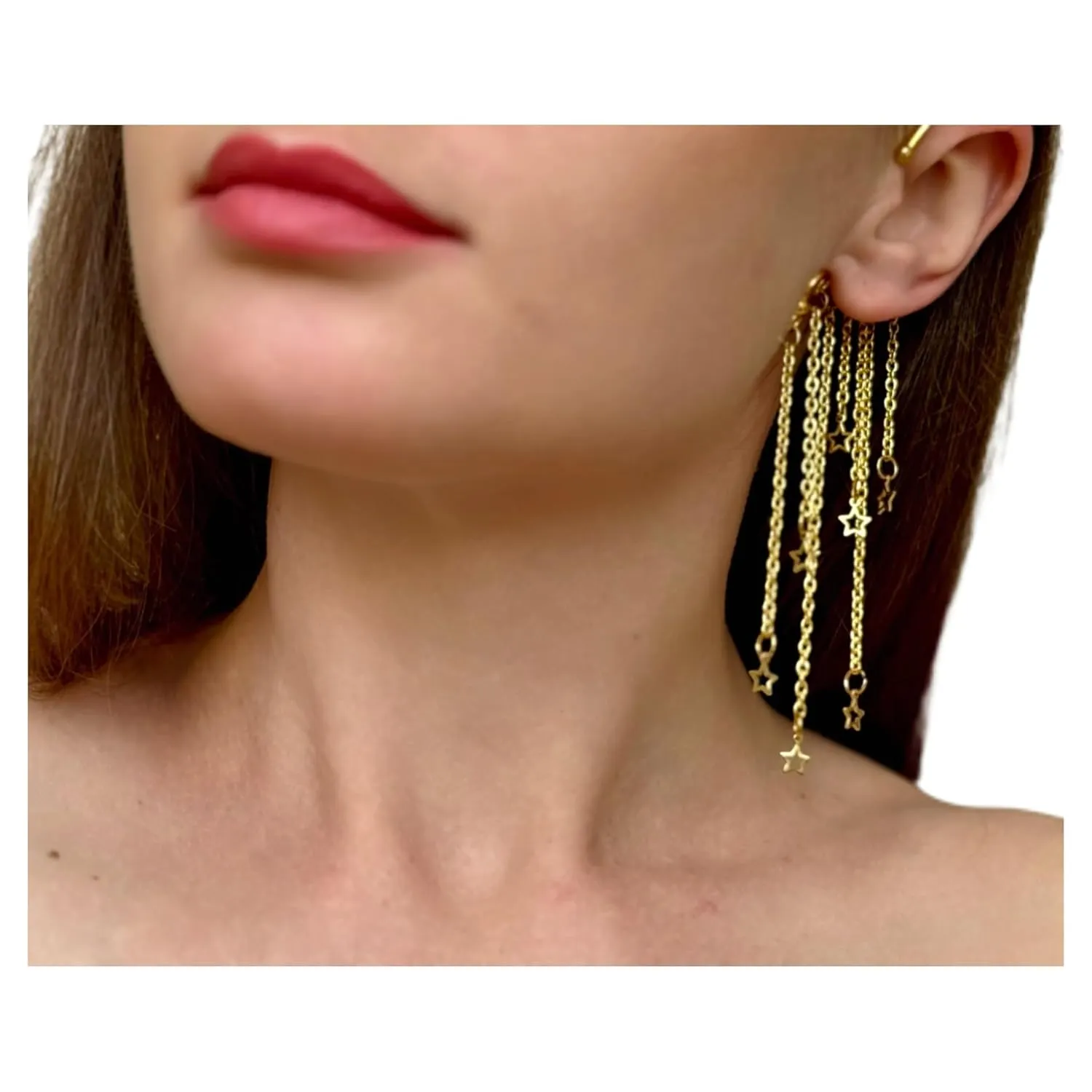 Star Ear Cuff Handmade Gold Earring No Pierce Fake Piercing Long Chain Ear Cuff Faux Handmade Charm Statement Earring Celestial tribal ear wrap dangling festival party jewelry gift for women - 1 pcs