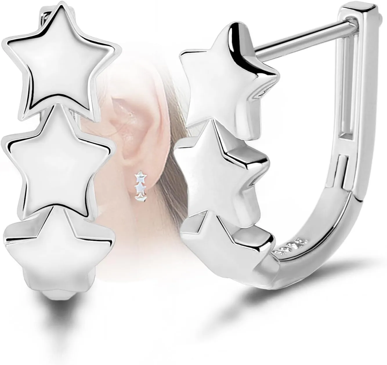 Star Hoop Earrings for Women Girls - Sterling Silver Stars Earrings for Teens Hypoallergenic Minimalist Star Shaped Huggie Hoop Earrings for Sensitive Ears Dainty Earrings Gifts for Christmas Birthday