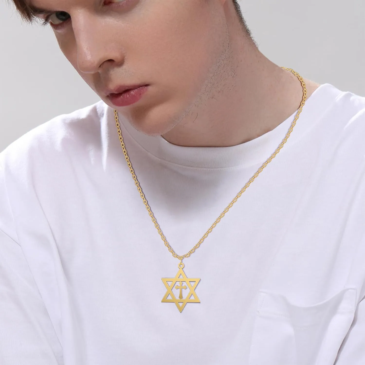 Star of David Pendant Necklace, Hexagram Cross Pendant Necklace Stainless Steel Chain Necklace Simple Star of David Jewelry Cross Necklaces for Women Men