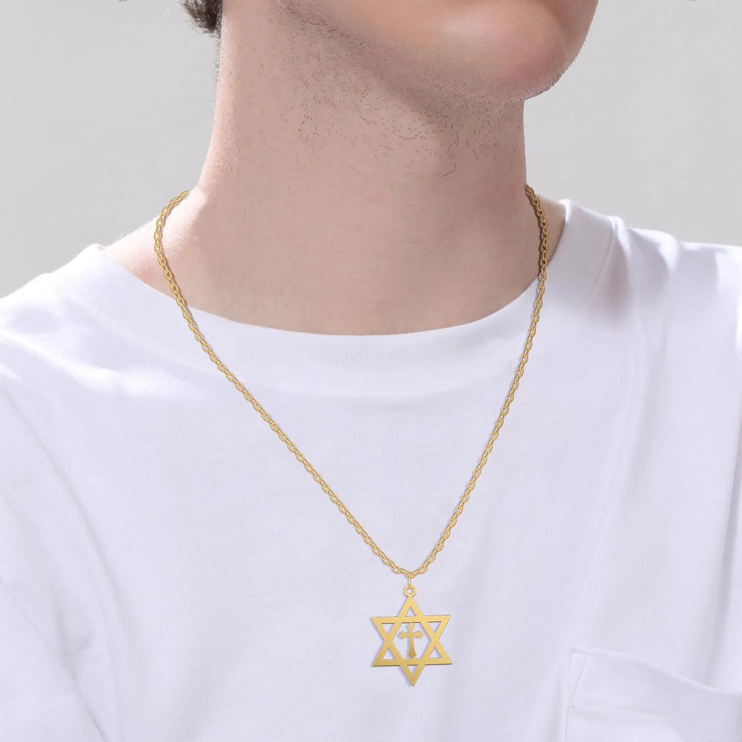 Star of David Pendant Necklace, Hexagram Cross Pendant Necklace Stainless Steel Chain Necklace Simple Star of David Jewelry Cross Necklaces for Women Men