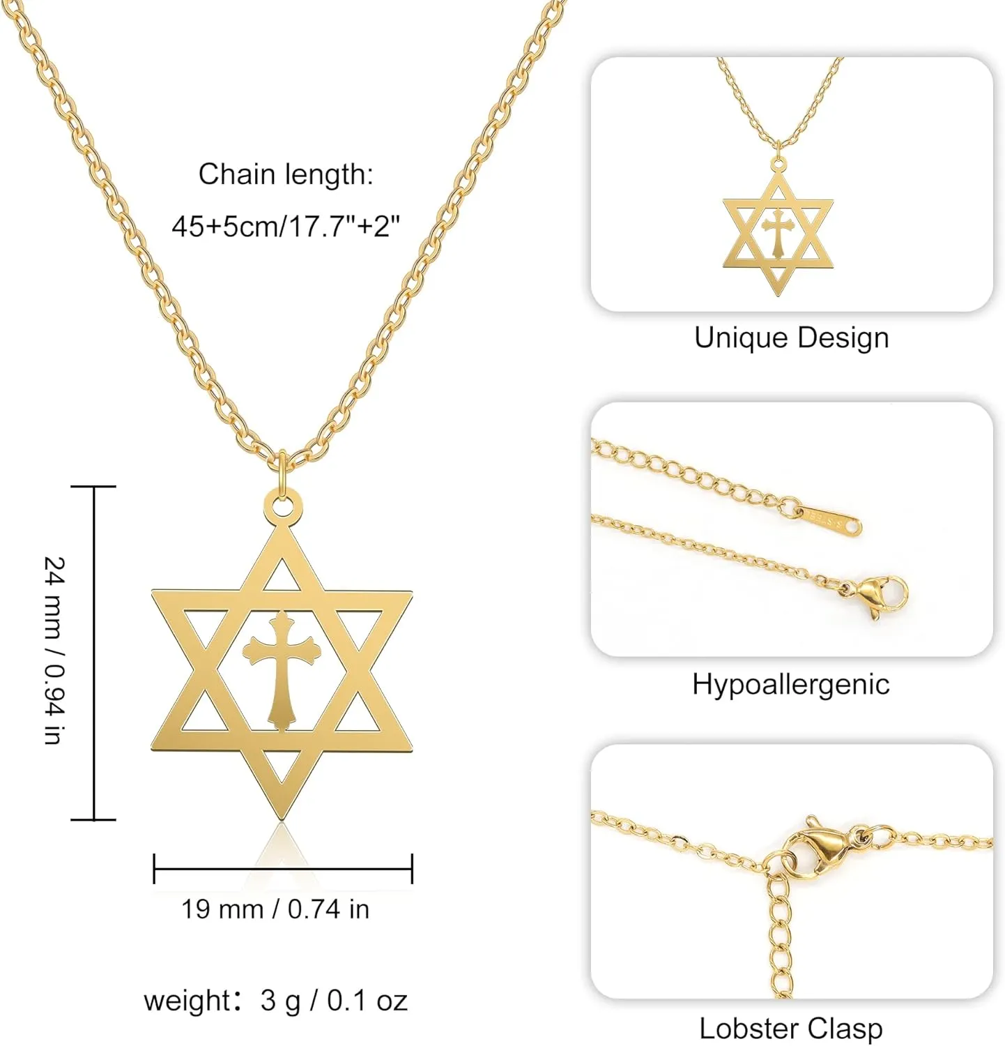 Star of David Pendant Necklace, Hexagram Cross Pendant Necklace Stainless Steel Chain Necklace Simple Star of David Jewelry Cross Necklaces for Women Men