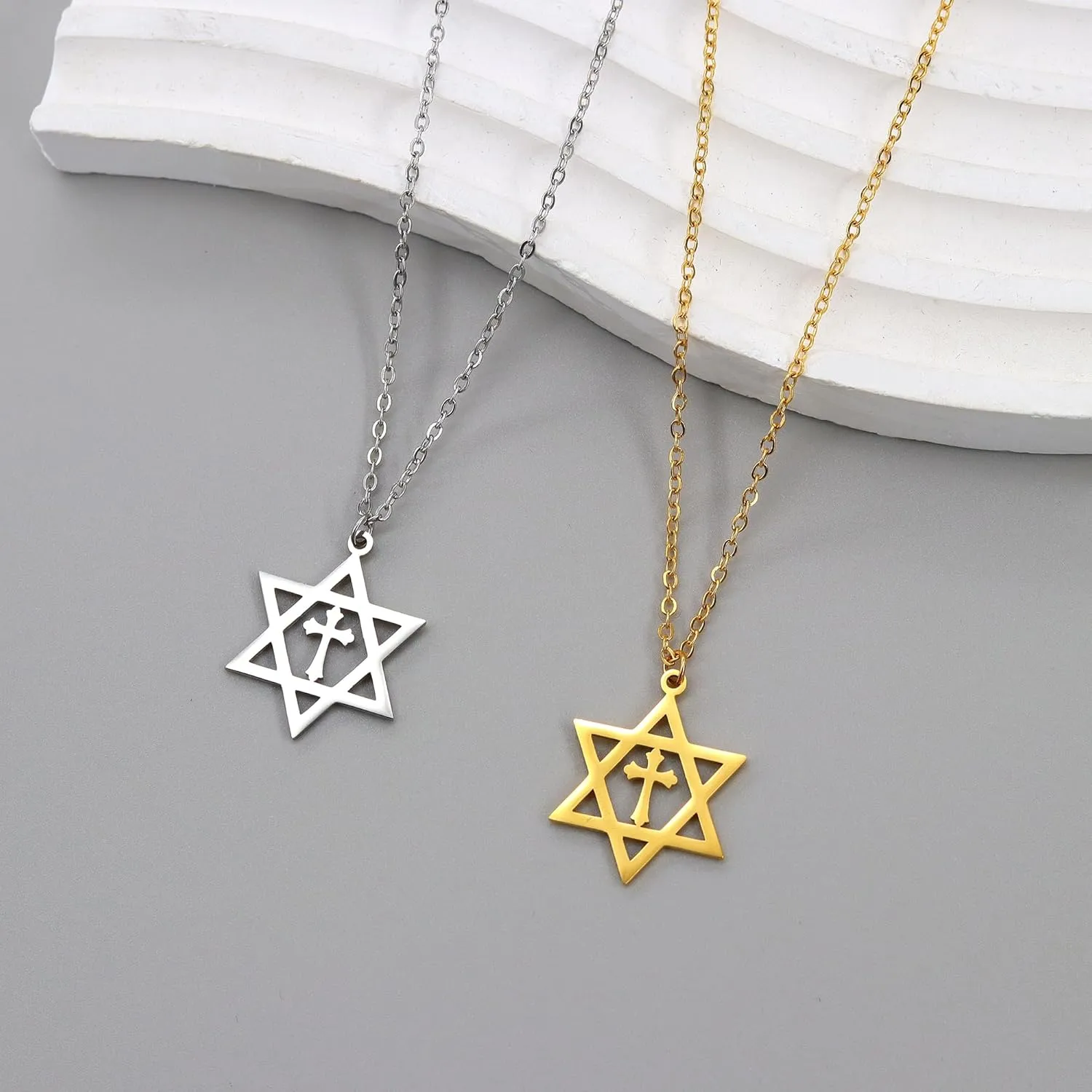 Star of David Pendant Necklace, Hexagram Cross Pendant Necklace Stainless Steel Chain Necklace Simple Star of David Jewelry Cross Necklaces for Women Men