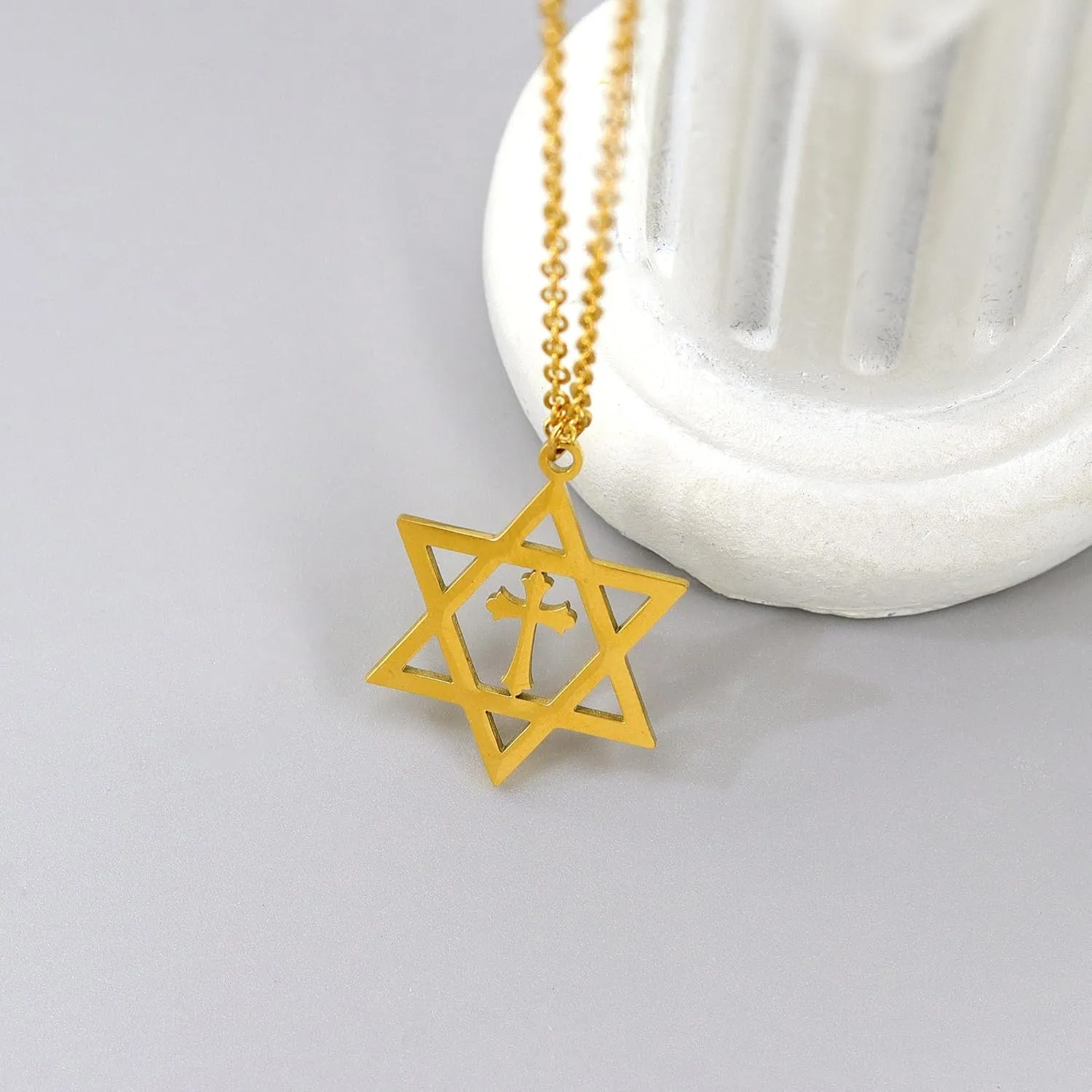 Star of David Pendant Necklace, Hexagram Cross Pendant Necklace Stainless Steel Chain Necklace Simple Star of David Jewelry Cross Necklaces for Women Men
