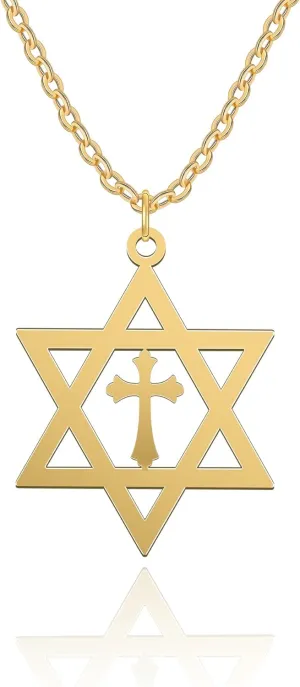 Star of David Pendant Necklace, Hexagram Cross Pendant Necklace Stainless Steel Chain Necklace Simple Star of David Jewelry Cross Necklaces for Women Men
