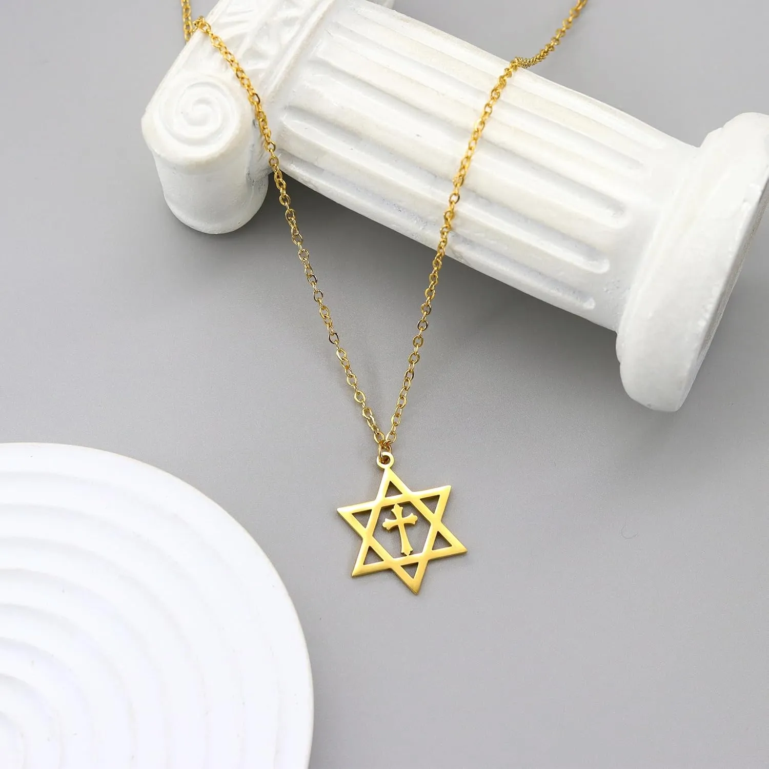 Star of David Pendant Necklace, Hexagram Cross Pendant Necklace Stainless Steel Chain Necklace Simple Star of David Jewelry Cross Necklaces for Women Men