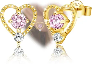 Sterling Silver 18K Gold Plated Heart Stud Earrings for Women Lightweight Pink Cubic Zirconia Earrings Love Heart Earrings for Sensitive Ears