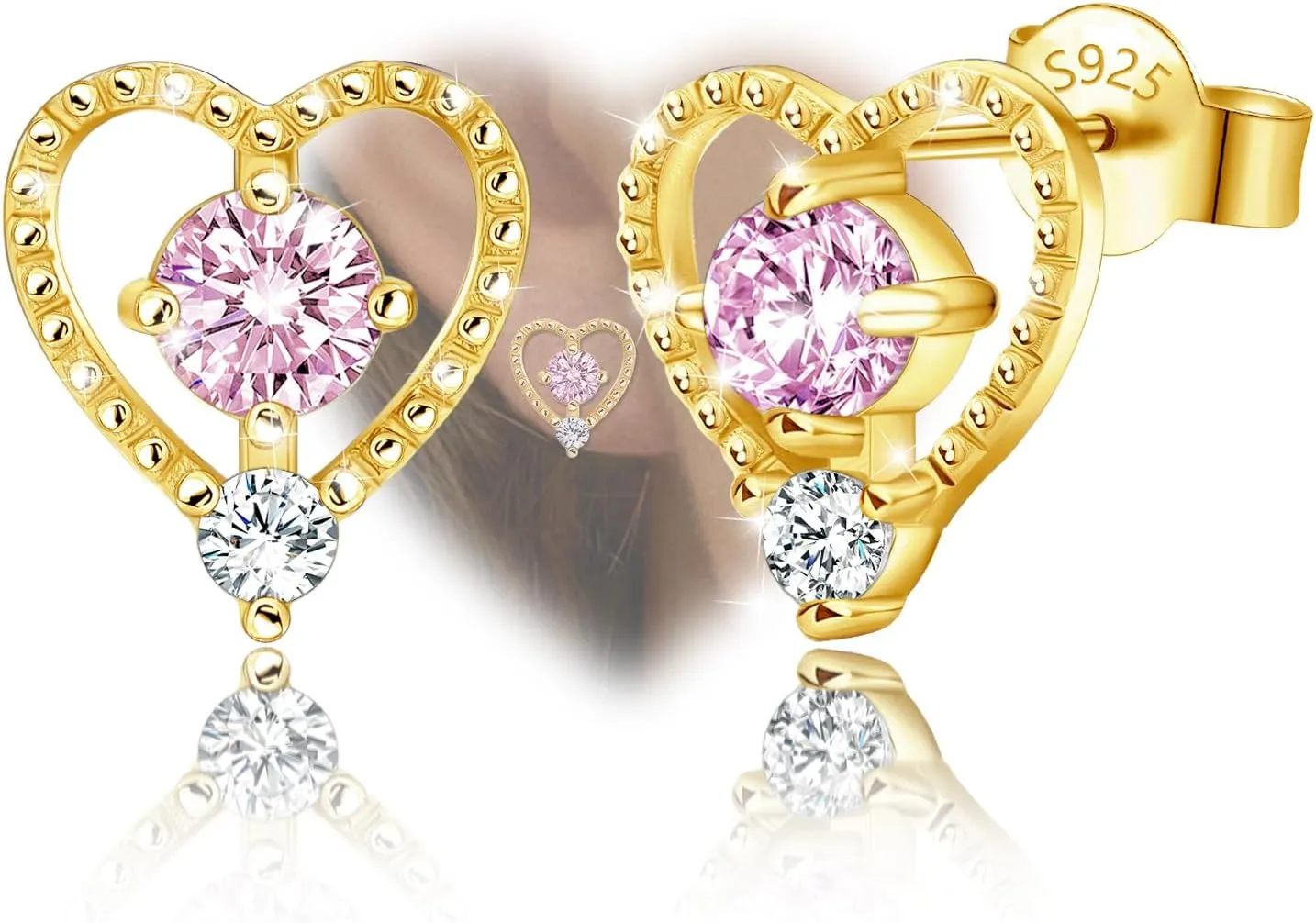 Sterling Silver 18K Gold Plated Heart Stud Earrings for Women Lightweight Pink Cubic Zirconia Earrings Love Heart Earrings for Sensitive Ears
