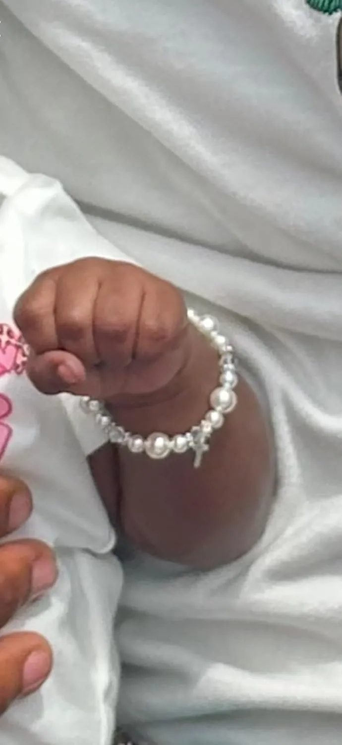 Sterling Silver Cross Charm Bracelet for Kids - with Austrian Simulated Pearls and Crystals - Best Baptism and Christening Gift (BCRSS)