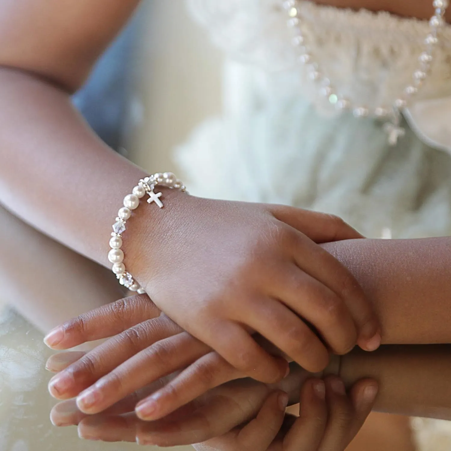 Sterling Silver Cross Charm Bracelet for Kids - with Austrian Simulated Pearls and Crystals - Best Baptism and Christening Gift (BCRSS)
