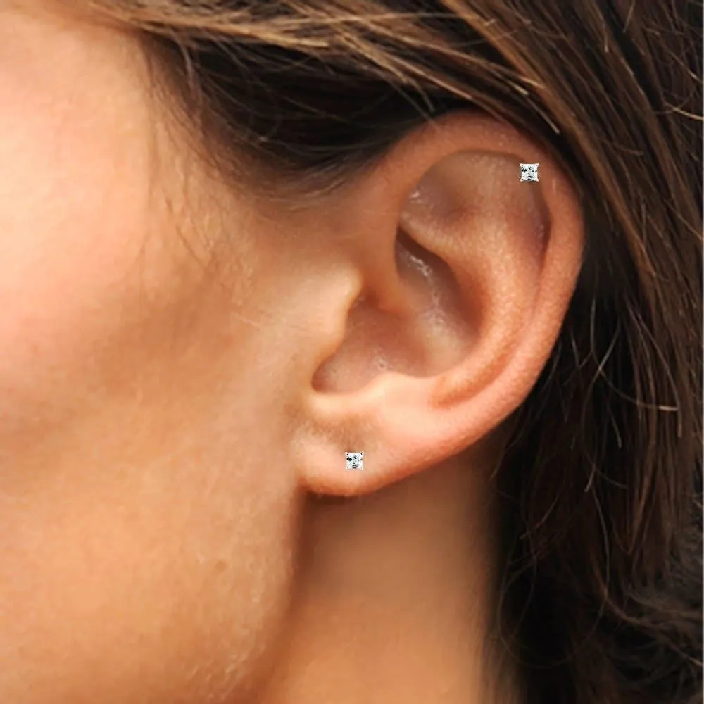 Sterling Silver Cubic Zirconia 2mm Princess-Cut Square Stud Tiny CZ Cartilage Earrings for Men Women