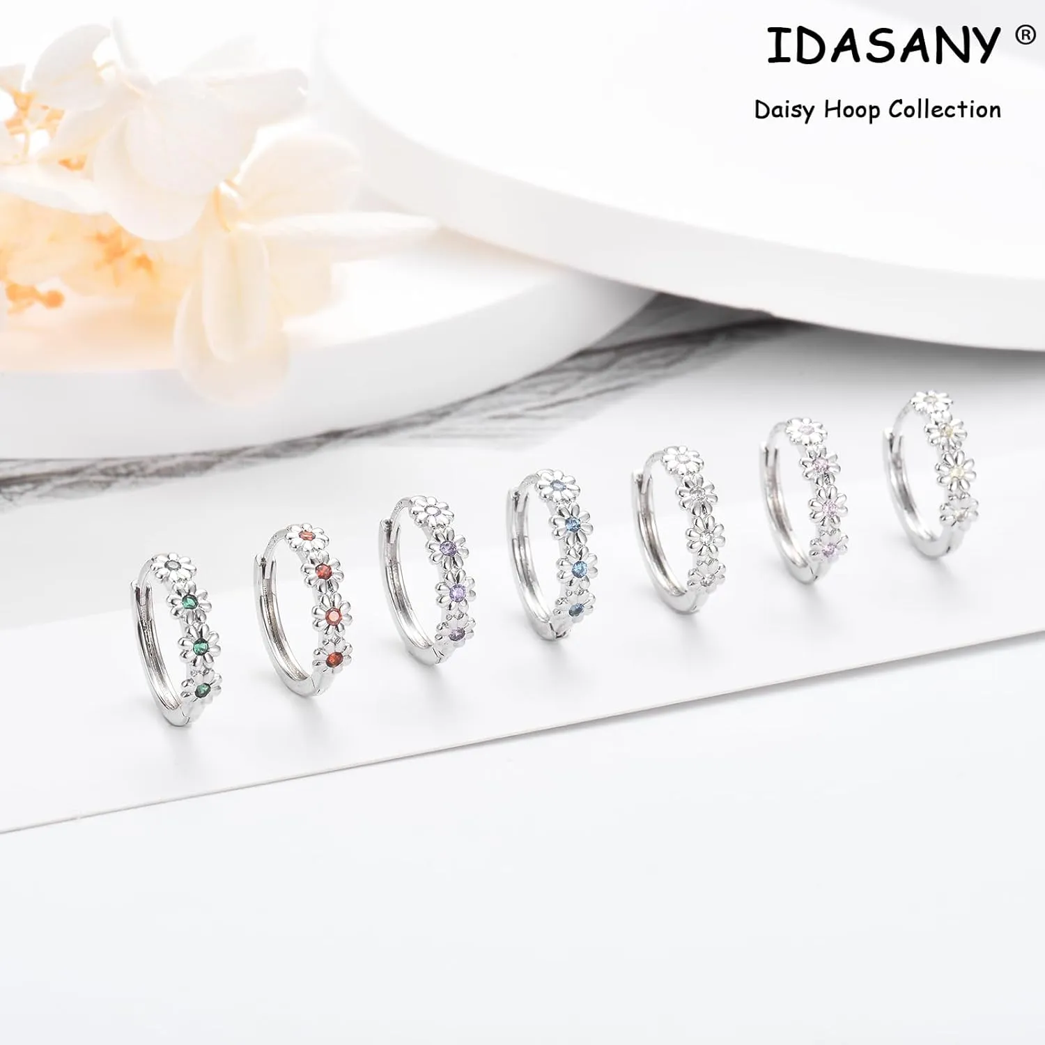 Sterling Silver Hoop Earrings for Women, Dainty Small Huggie Hoop Earrings | Hypoallergenic Daisy Color Cubic Zirconia Flower Hoops Earring Jewellery Gifts for Ladies Birthday Wedding, 12mm Hoop