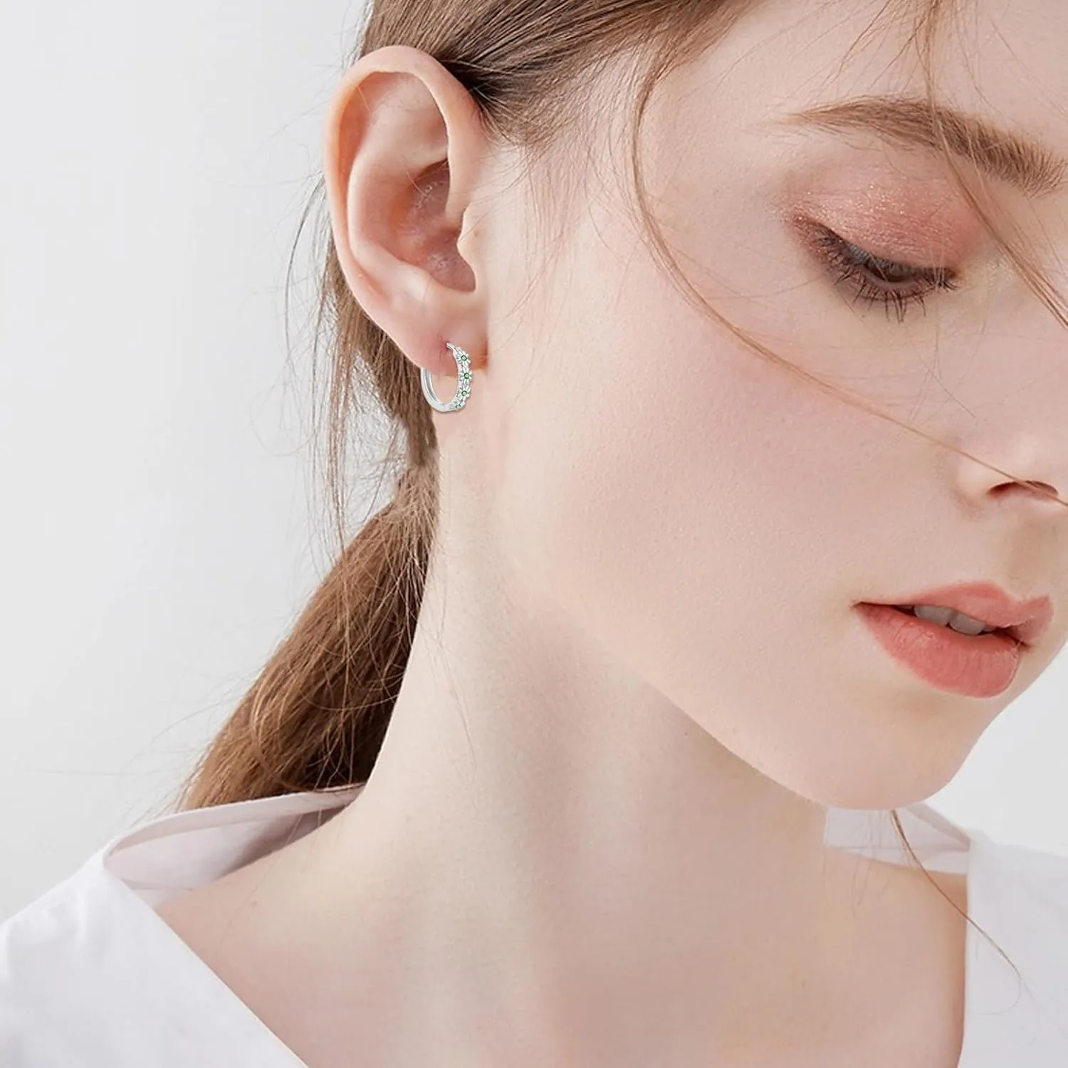 Sterling Silver Hoop Earrings for Women, Dainty Small Huggie Hoop Earrings | Hypoallergenic Daisy Color Cubic Zirconia Flower Hoops Earring Jewellery Gifts for Ladies Birthday Wedding, 12mm Hoop