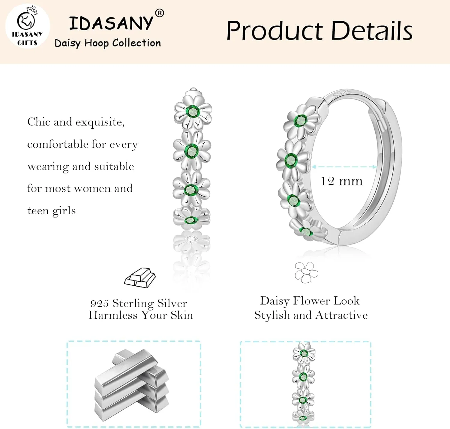 Sterling Silver Hoop Earrings for Women, Dainty Small Huggie Hoop Earrings | Hypoallergenic Daisy Color Cubic Zirconia Flower Hoops Earring Jewellery Gifts for Ladies Birthday Wedding, 12mm Hoop