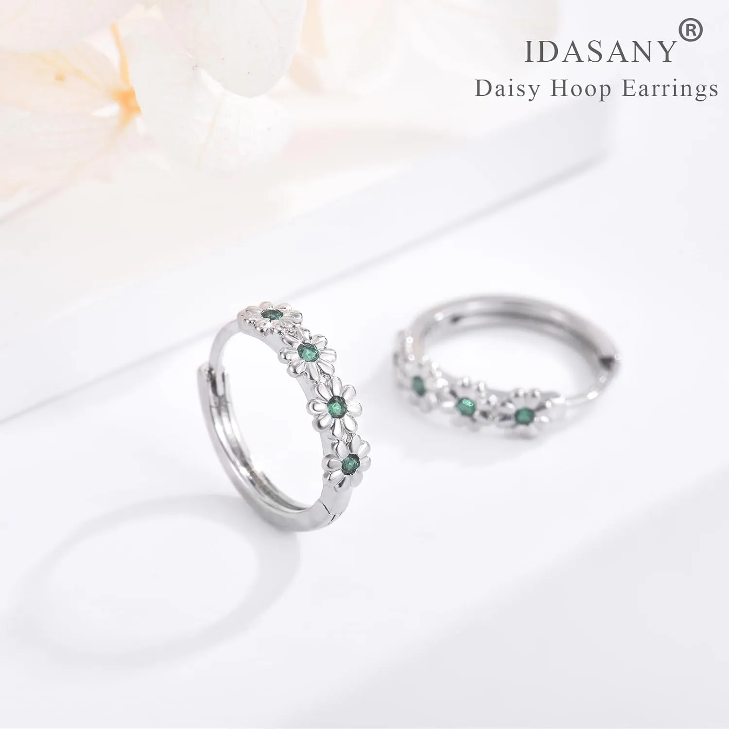 Sterling Silver Hoop Earrings for Women, Dainty Small Huggie Hoop Earrings | Hypoallergenic Daisy Color Cubic Zirconia Flower Hoops Earring Jewellery Gifts for Ladies Birthday Wedding, 12mm Hoop