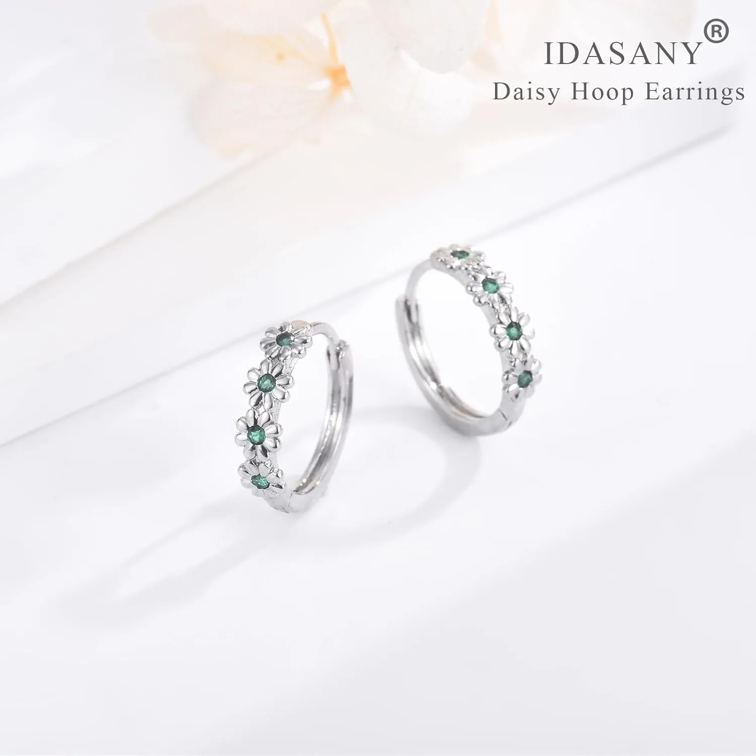 Sterling Silver Hoop Earrings for Women, Dainty Small Huggie Hoop Earrings | Hypoallergenic Daisy Color Cubic Zirconia Flower Hoops Earring Jewellery Gifts for Ladies Birthday Wedding, 12mm Hoop