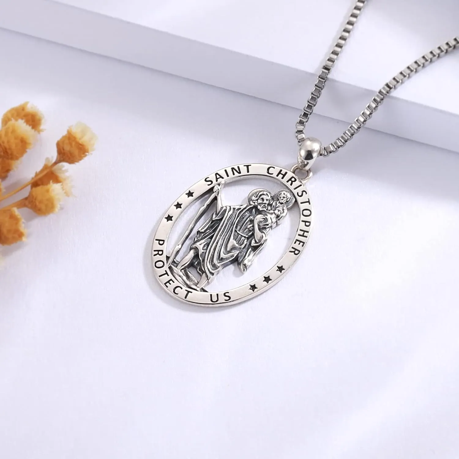 Sterling Silver Saint Christopher Micheal Jude Thaddaeus Virgin Mary Lady of Guadalupe Necklace Women Men Medal Oval-Shaped Pendant Amulet Jewelry Gift