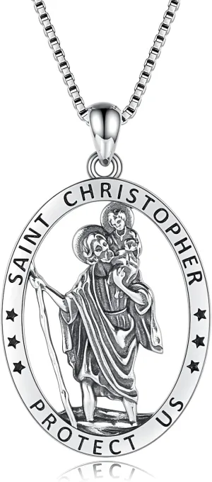 Sterling Silver Saint Christopher Micheal Jude Thaddaeus Virgin Mary Lady of Guadalupe Necklace Women Men Medal Oval-Shaped Pendant Amulet Jewelry Gift