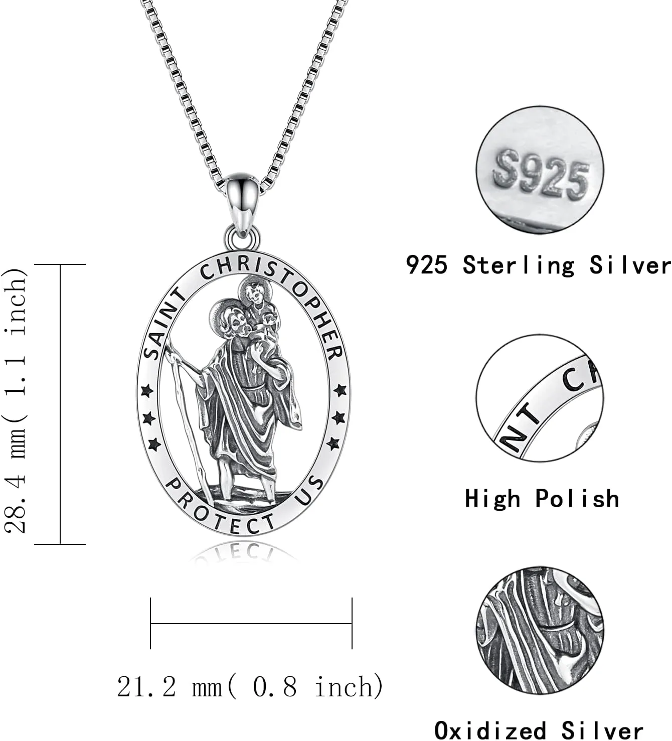 Sterling Silver Saint Christopher Micheal Jude Thaddaeus Virgin Mary Lady of Guadalupe Necklace Women Men Medal Oval-Shaped Pendant Amulet Jewelry Gift