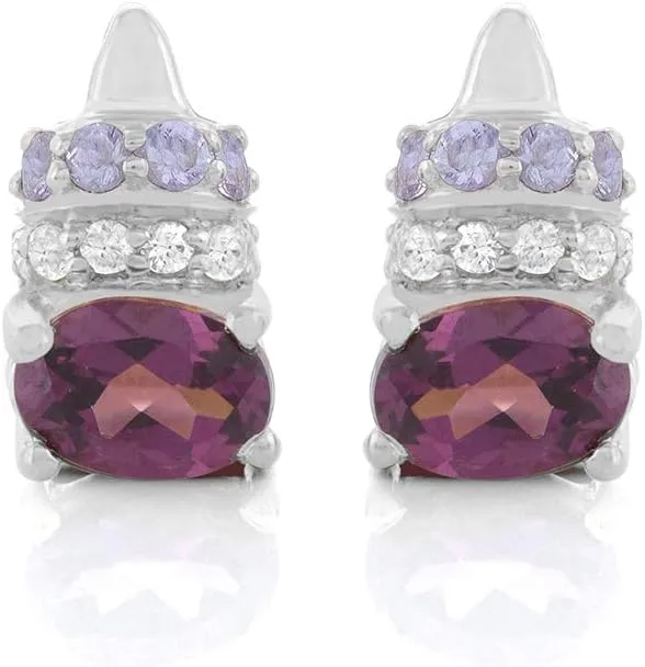 Stud Solitaire Halo Earrings Platinum Over 925 Sterling Silver Purple Garnet, Tanzanite & White Sapphire Jewelry