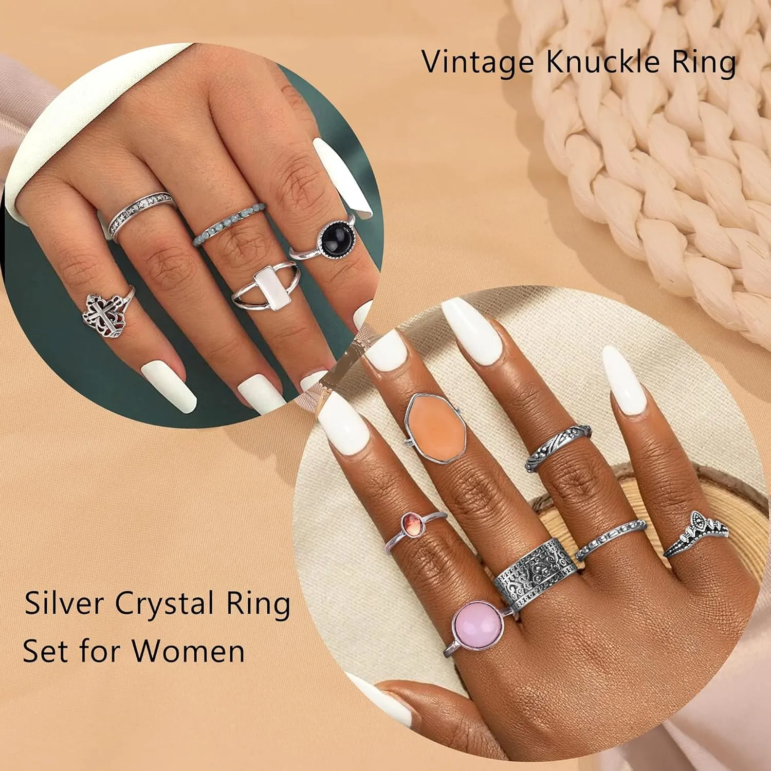 Subiceto 70 Pcs Vintage Crystal Ring Set Silver Knuckle Rings for Women Bohemian Stackable Joint Rings Retro Boho Stacking Joint Finger Rings Pack