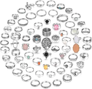 Subiceto 70 Pcs Vintage Crystal Ring Set Silver Knuckle Rings for Women Bohemian Stackable Joint Rings Retro Boho Stacking Joint Finger Rings Pack