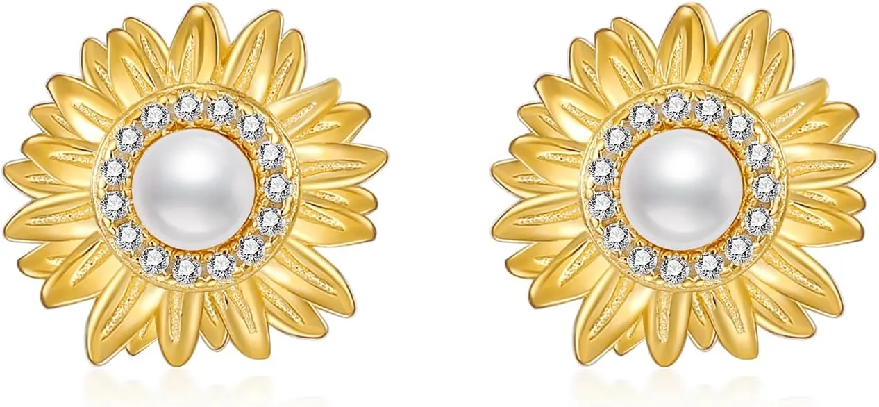 Sunflower Stud Earrings for Women Sterling Silver Freshwater Pearl Earrings You are My Sunshine Earrings Flower Stud Earrings Sunflower Jewelry Gifts for Wife