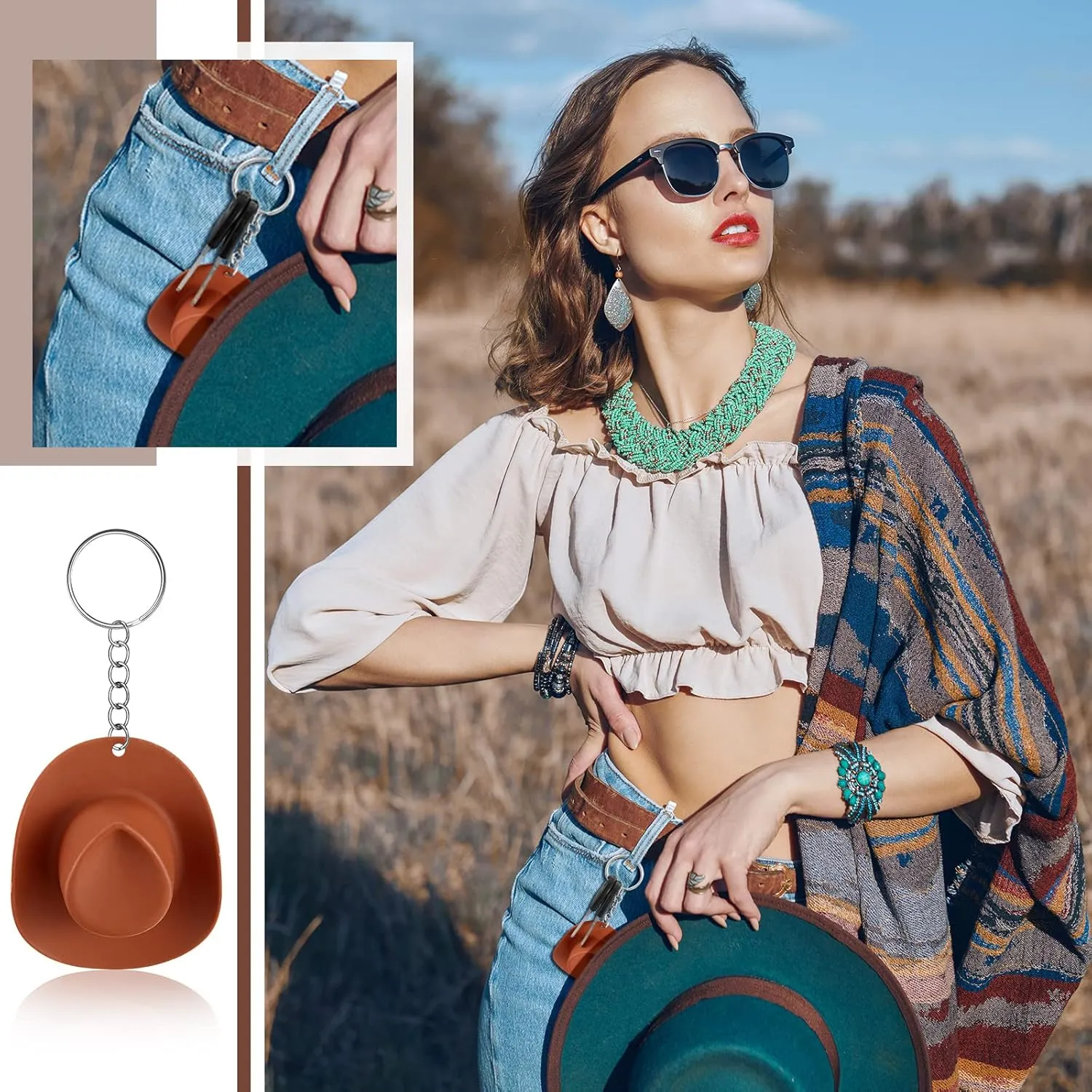 Sureio 12 Pcs Cowgirl Cowboy Bachelorette Party Decor Plastic Mini Western Hat Keychain for Bridal Shower Birthday Party
