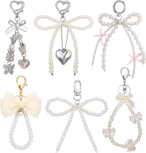 Sureio 6 Pcs Cute Bow Keychain for Women Pearl Key Chains for Car Keys Coquette Bow Keychain Accessories Aesthetic Bag Charms