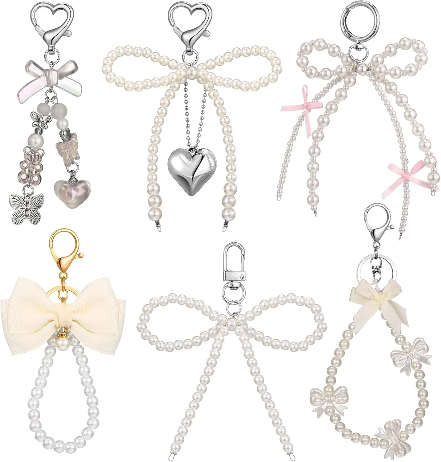 Sureio 6 Pcs Cute Bow Keychain for Women Pearl Key Chains for Car Keys Coquette Bow Keychain Accessories Aesthetic Bag Charms