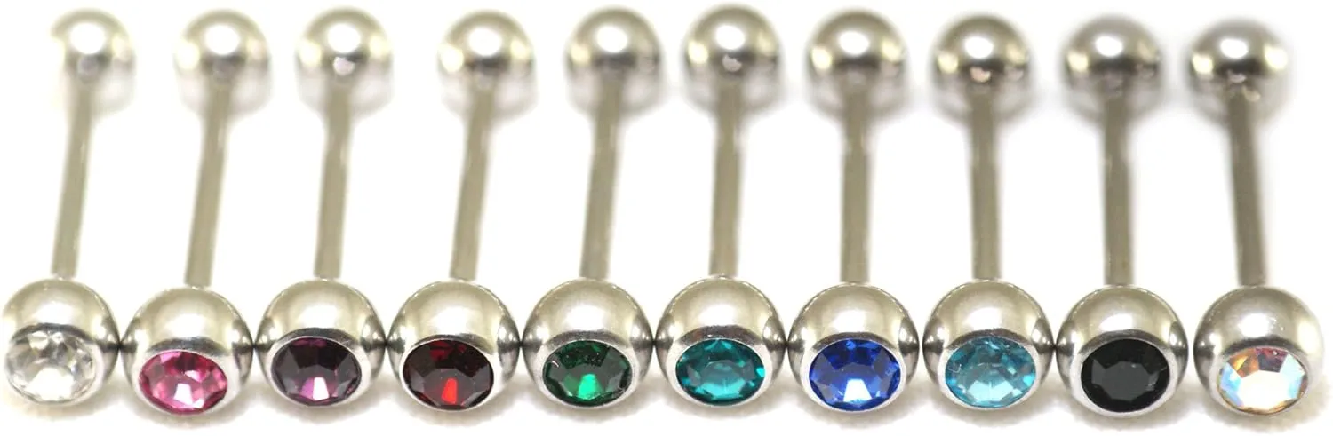 Surgical Steel Gem Jewels Tongue Rings Barbells Metal Bars LOT of 10 Colors