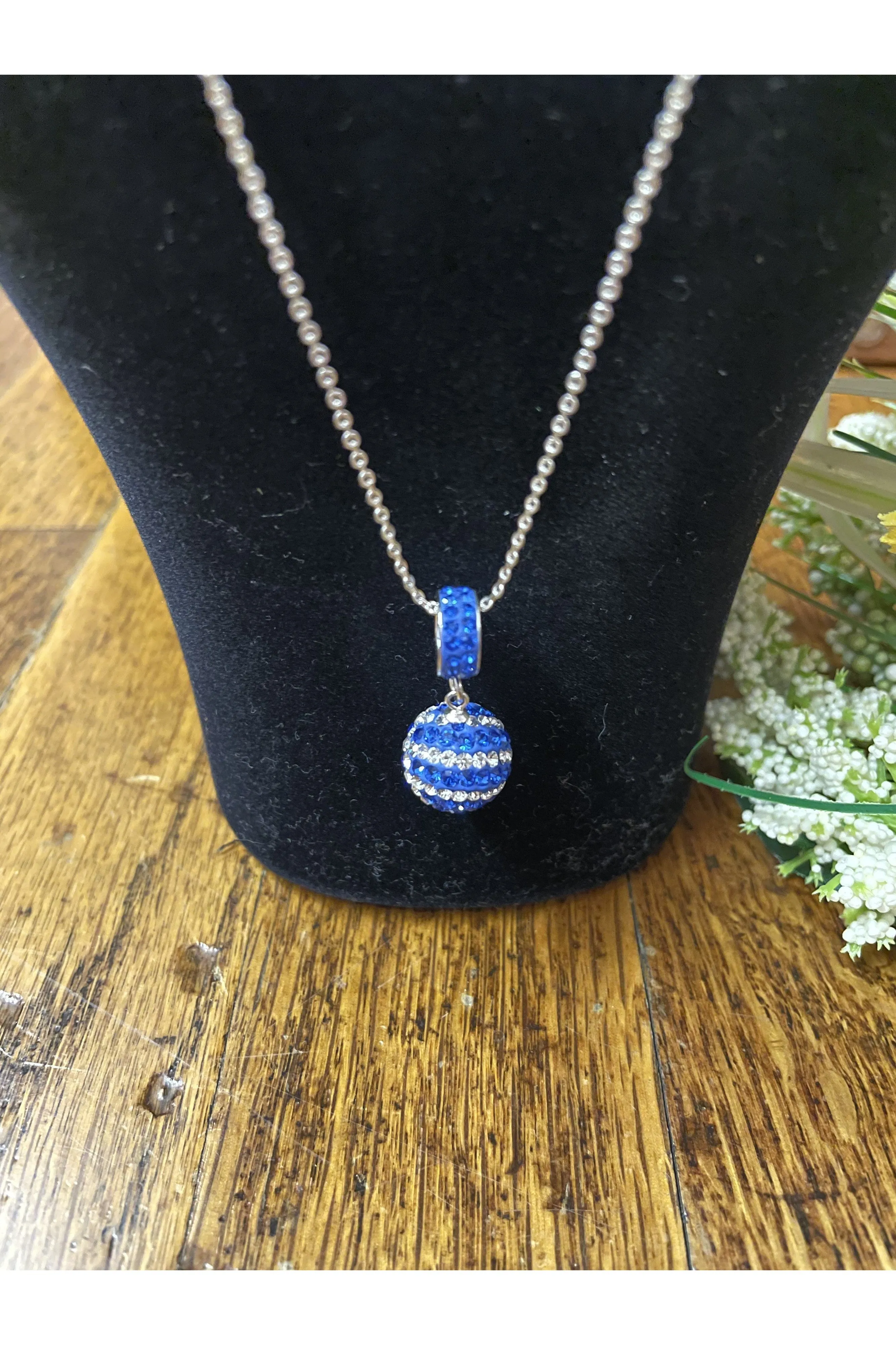 Swarovski Royal Blue And Crystal Basketball, Baseball Or Football Necklace