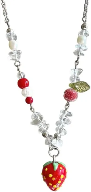 Sweet Cute Strawberry Pendant Necklace for Women Crystal Lovely Pearl Beaded Chain Clavicle Necklaces Fresh Adorrable Red Summer Tropical Fruit Charm Choker Holiday Jewelry Birthday Gifts