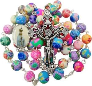 TALISMAN4U CATHOLIC ROSARY NECKLACE Colorful Polymer Beads Our Lady of Fatima Jesus Cross Holy Land Gift Rosary Pouch