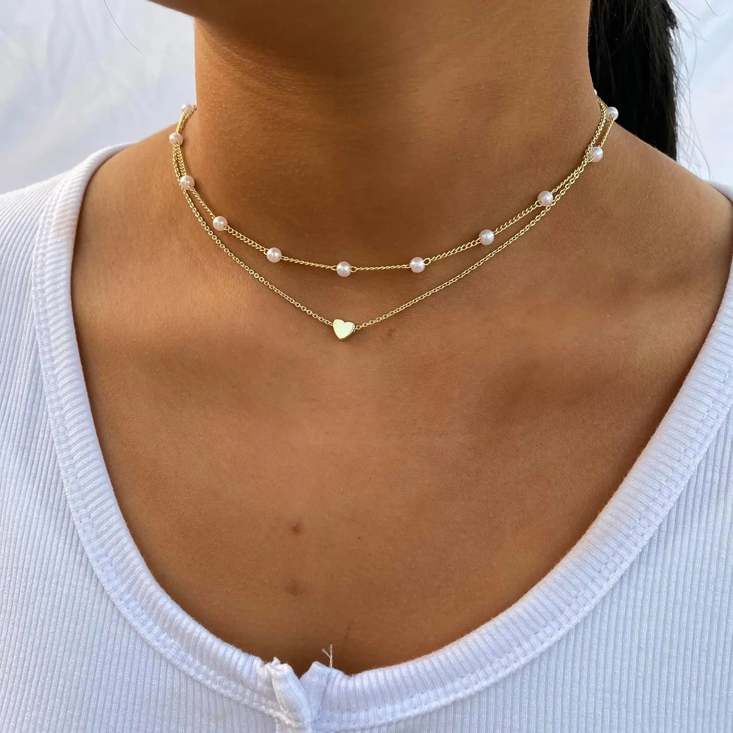 Tasiso Heart Necklace for Teen Girls 14k Gold Plated Tiny Heart Pendant Pearl Choker Necklaces Layered Gold Heart Necklace for Women Dainty Simple Gold Jewelry Gifts for Women