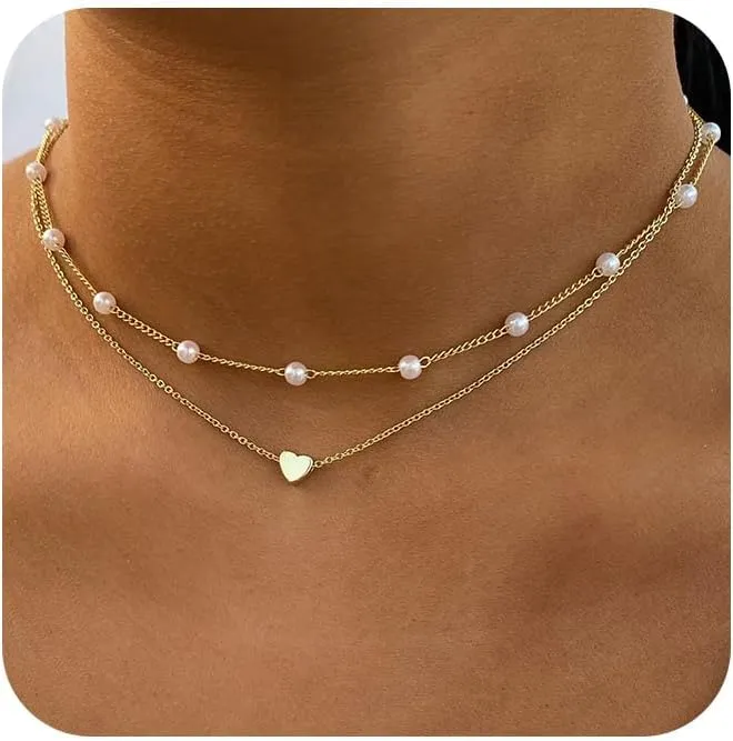 Tasiso Heart Necklace for Teen Girls 14k Gold Plated Tiny Heart Pendant Pearl Choker Necklaces Layered Gold Heart Necklace for Women Dainty Simple Gold Jewelry Gifts for Women