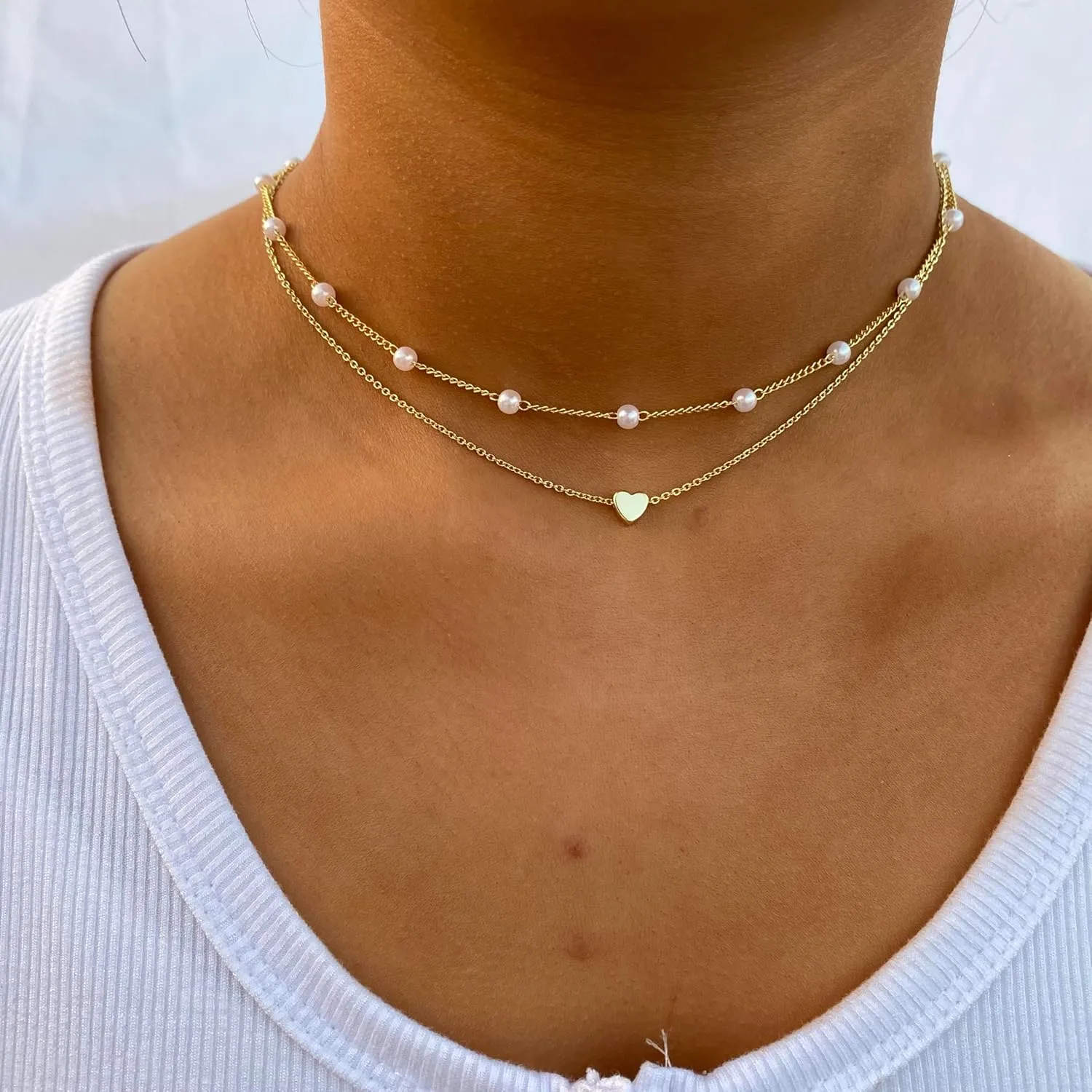 Tasiso Heart Necklace for Teen Girls 14k Gold Plated Tiny Heart Pendant Pearl Choker Necklaces Layered Gold Heart Necklace for Women Dainty Simple Gold Jewelry Gifts for Women
