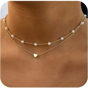 Tasiso Heart Necklace for Teen Girls 14k Gold Plated Tiny Heart Pendant Pearl Choker Necklaces Layered Gold Heart Necklace for Women Dainty Simple Gold Jewelry Gifts for Women