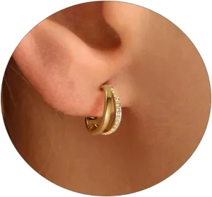 Tasiso Small Hoop Earrings for Women, Dainty 14K Gold Plated Huggie Hoop Earrings Lightweight Hypoallergenic Cubic Zirconia Earring Cute Double CZ Spiral Earrings for Women Trendy Jewelry Gifts