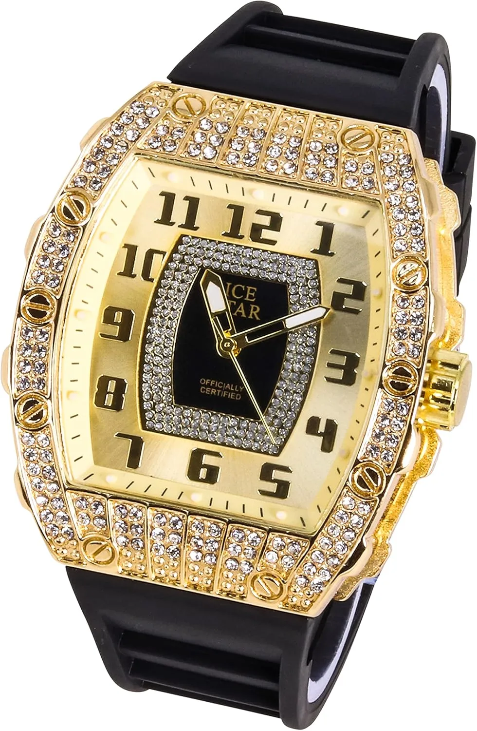 Techno Pave Men's 41mm Iced Out Tonneau Shape Watch, Numeral Dial