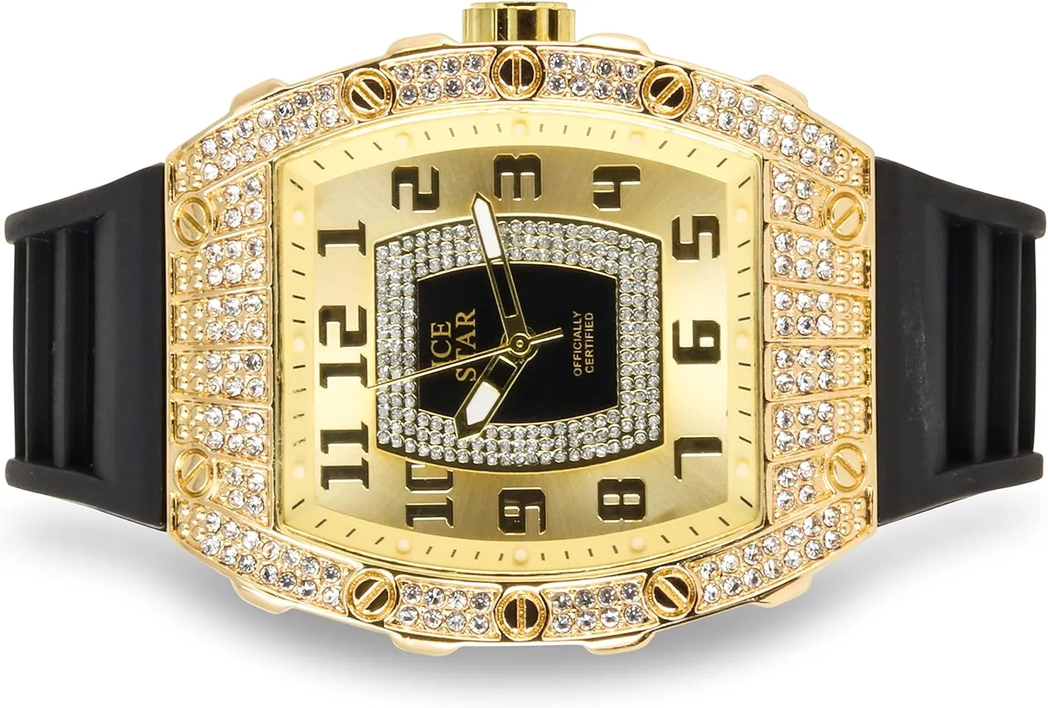 Techno Pave Men's 41mm Iced Out Tonneau Shape Watch, Numeral Dial
