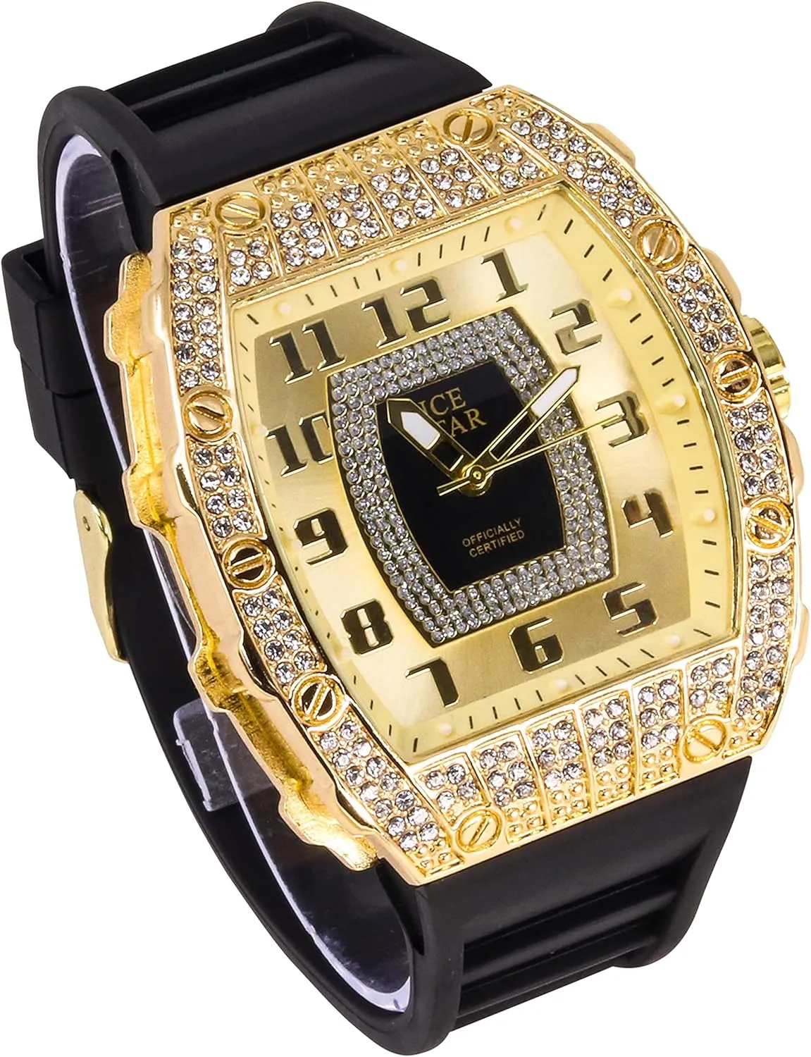 Techno Pave Men's 41mm Iced Out Tonneau Shape Watch, Numeral Dial