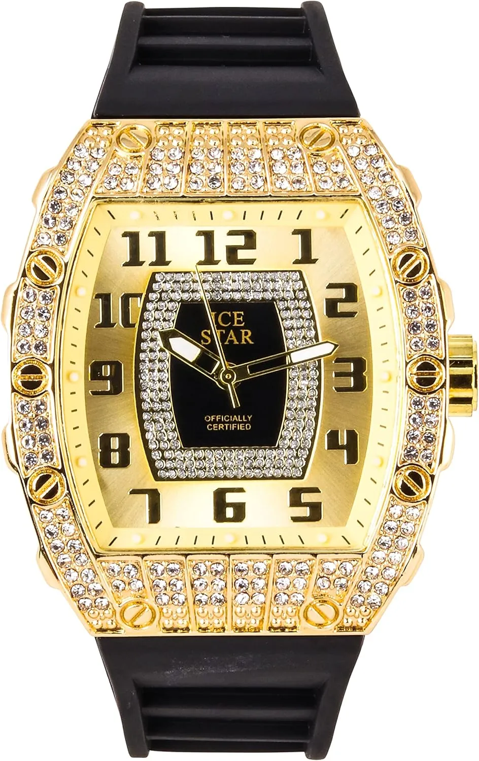 Techno Pave Men's 41mm Iced Out Tonneau Shape Watch, Numeral Dial
