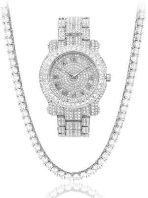 Techno Pave Men's 45mm Iced Out Roman Dial Watch & Chain Set, Quartz Movement