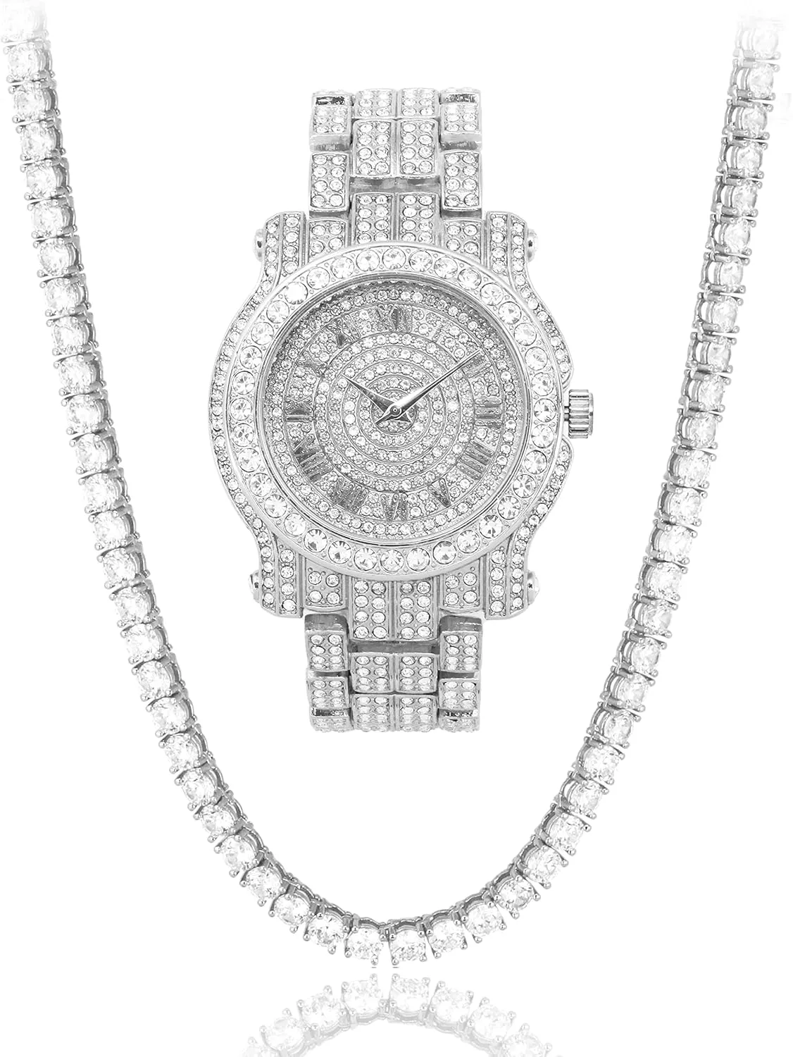 Techno Pave Men's 45mm Iced Out Roman Dial Watch & Chain Set, Quartz Movement