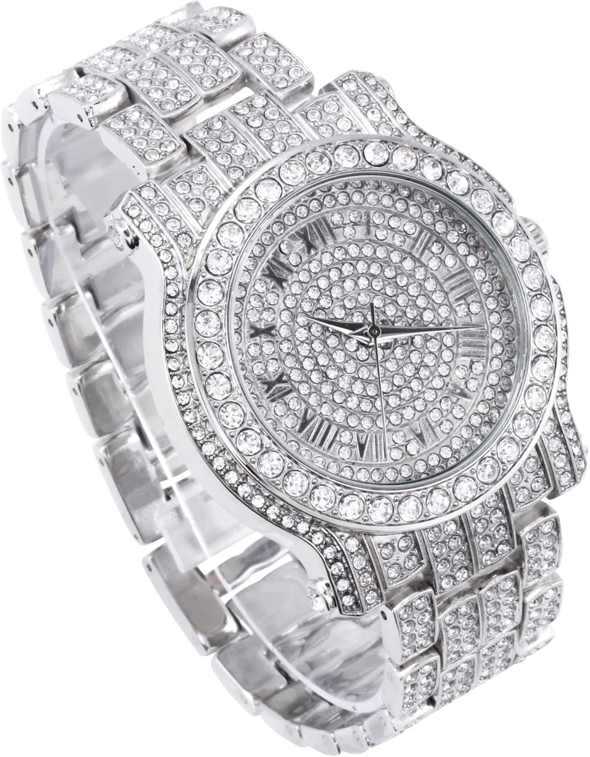 Techno Pave Men's 45mm Iced Out Roman Dial Watch & Chain Set, Quartz Movement