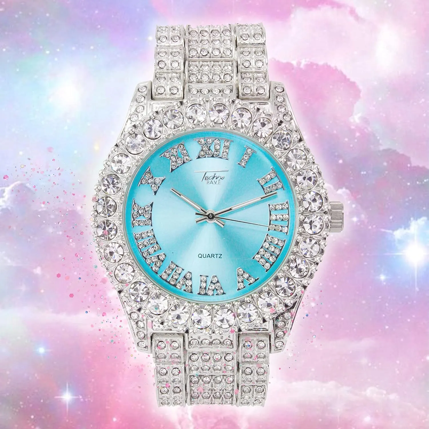 Techno Pave Womens 44mm Iced Solitaire Bezel Watch