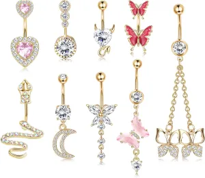 TEN MIRO 14G Dangle Belly Button Rings - Snake, Evil Eye, Heart & CZ Pink Butterfly Navel Rings - 316L Stainless Steel Belly Piercing Jewelry (Pink Butterfly-Gold)