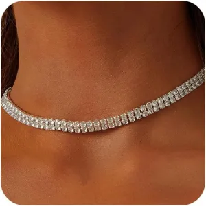 Tennis Necklace for Women 14K Gold Plated or Silver Rhinestone Choker Necklaces Dainty Zirconia Cut Faux Diamond chain 3mm