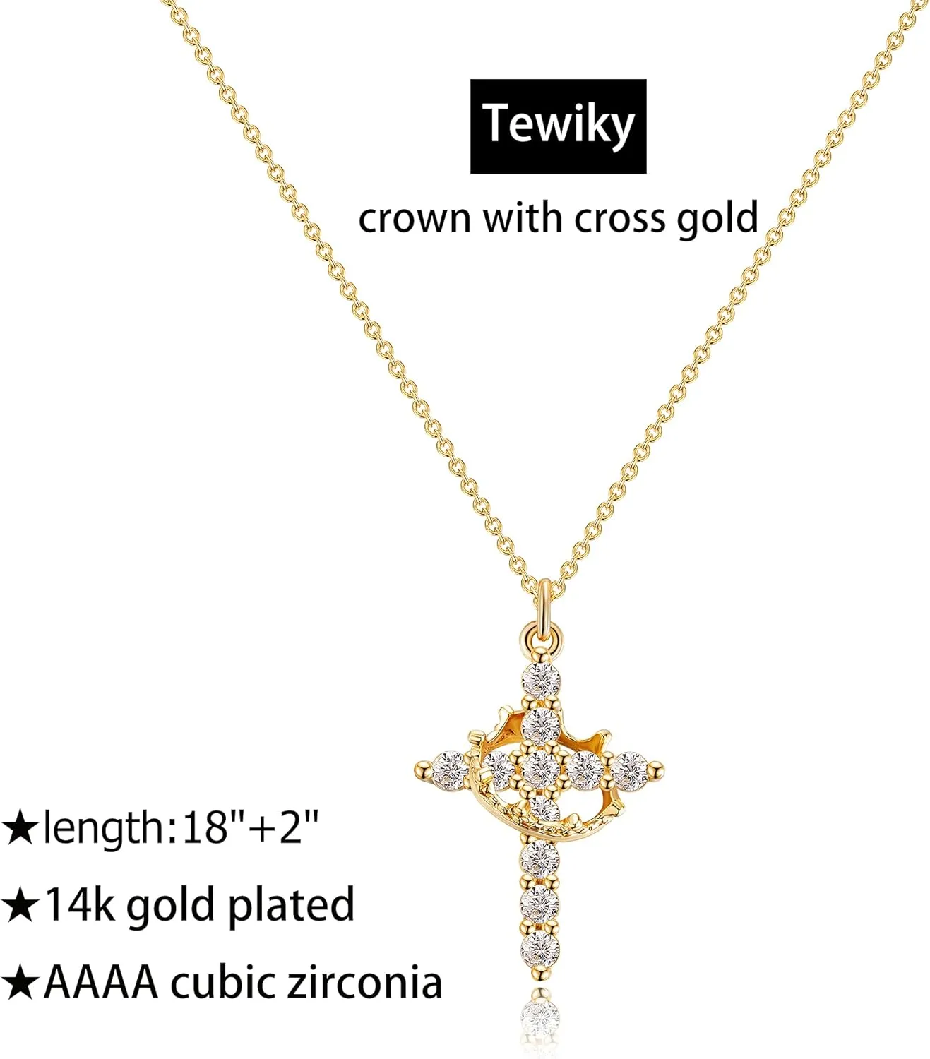 Tewiky Crown Cross Necklace for women-Dainty Sterling Silver/14k Gold Cubic Zirconia Pendant Necklaces Simple Gold Cross Pendant Necklace Cute Tiny Gold Jewelry