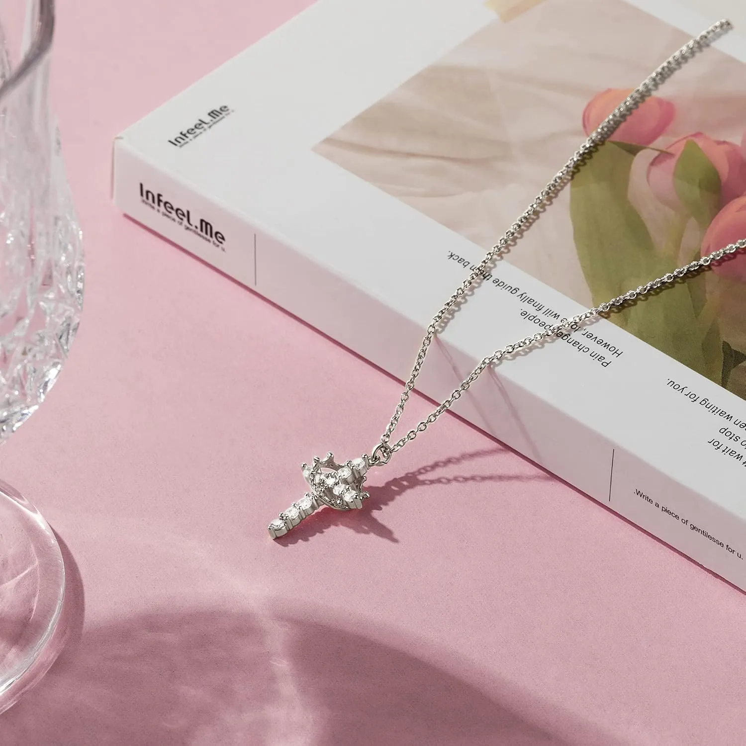 Tewiky Crown Cross Necklace for women-Dainty Sterling Silver/14k Gold Cubic Zirconia Pendant Necklaces Simple Gold Cross Pendant Necklace Cute Tiny Gold Jewelry